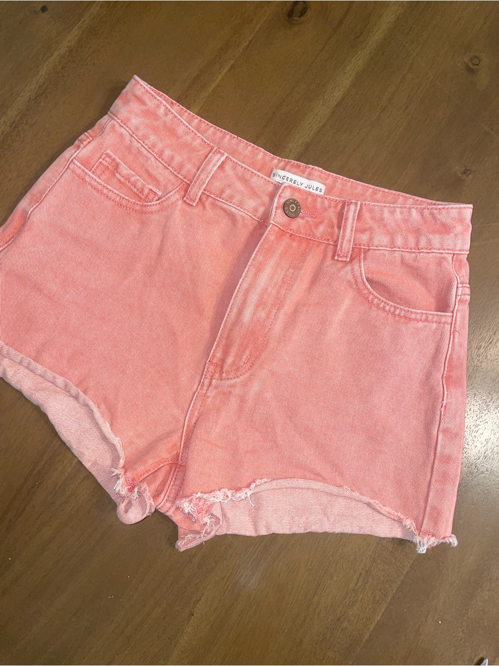 Sincerly Jules Coral-Pink Denim Cutoff Shorts